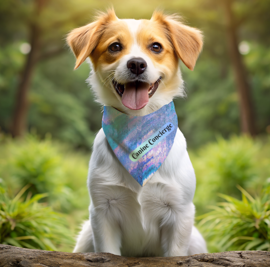 Colorful Blue-Hued Bandana COLLAR with Fun "Canine Concierge" Slogan, Great Animal Lover Dog Mom Gift, Easy On-Off Buckle, 4 Sizes