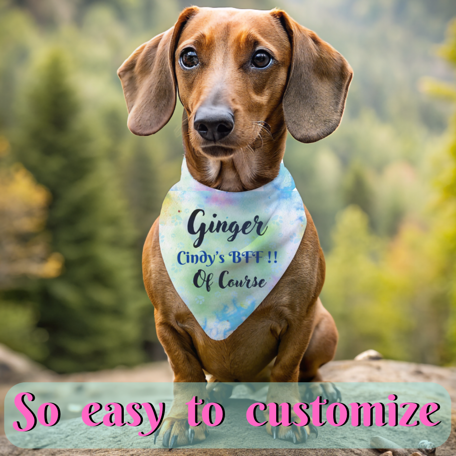 Pastel Tie-Dye Styled Customizable Pet Bandana, Personalize with Dog & Human Names, "Cindy's BFF Of Course" or Something Different, Easy-to-Customize Personal Pet Lover Dog Mom Gift, Special Occasion Birthday Gift for Mom