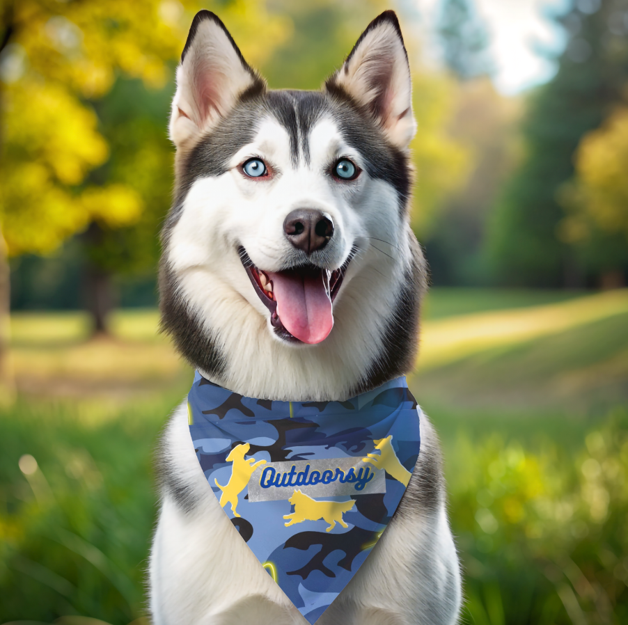 Pet Bandana with Blue Camo Design and "Outdoorsy" Slogan, Campout Dog Park Apparel, Pet Lover Gift
