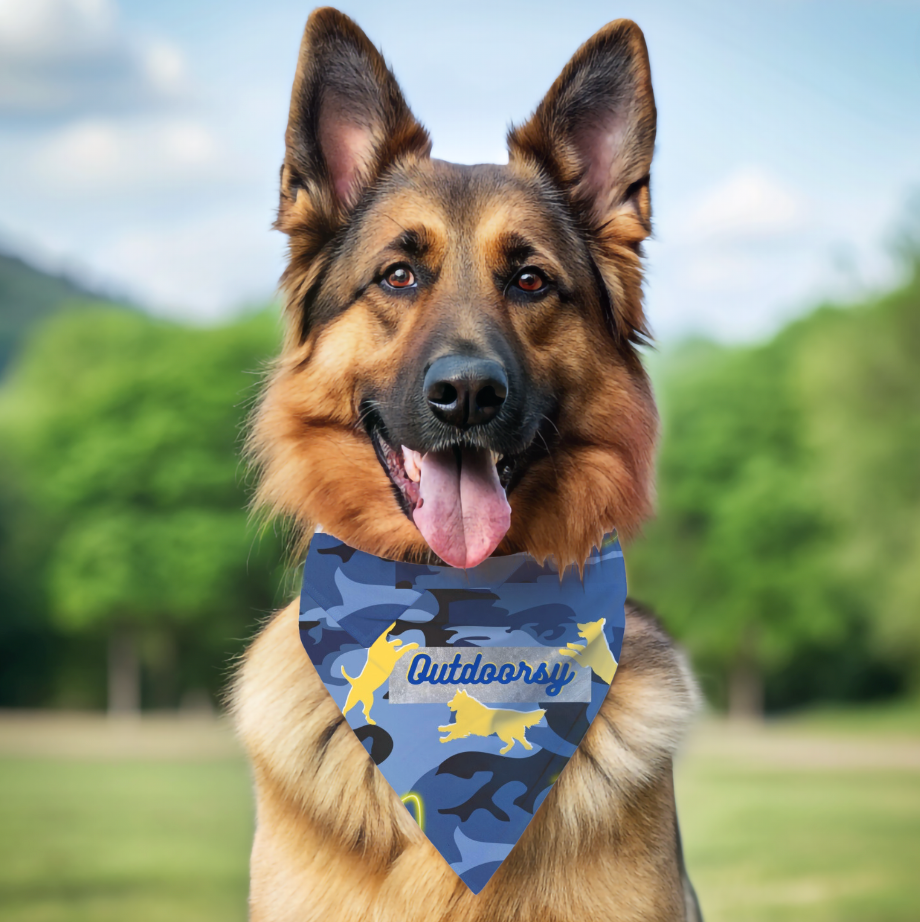 Pet Bandana with Blue Camo Design and "Outdoorsy" Slogan, Campout Dog Park Apparel, Pet Lover Gift