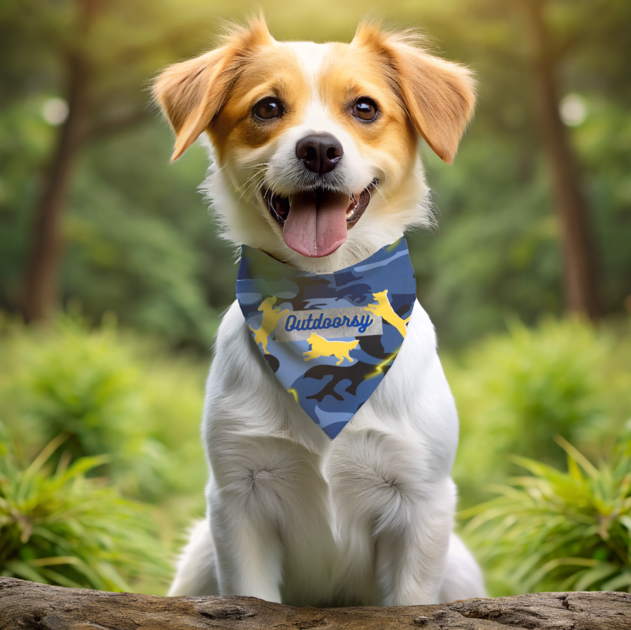 Pet Bandana with Blue Camo Design and "Outdoorsy" Slogan, Campout Dog Park Apparel, Pet Lover Gift