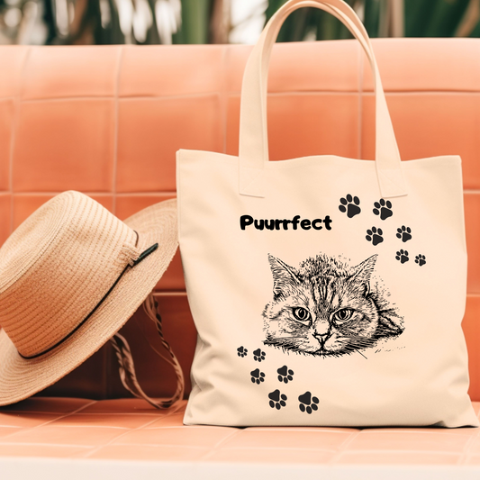 Canvas Cat Lady Tote - "Puurrfect" Motif