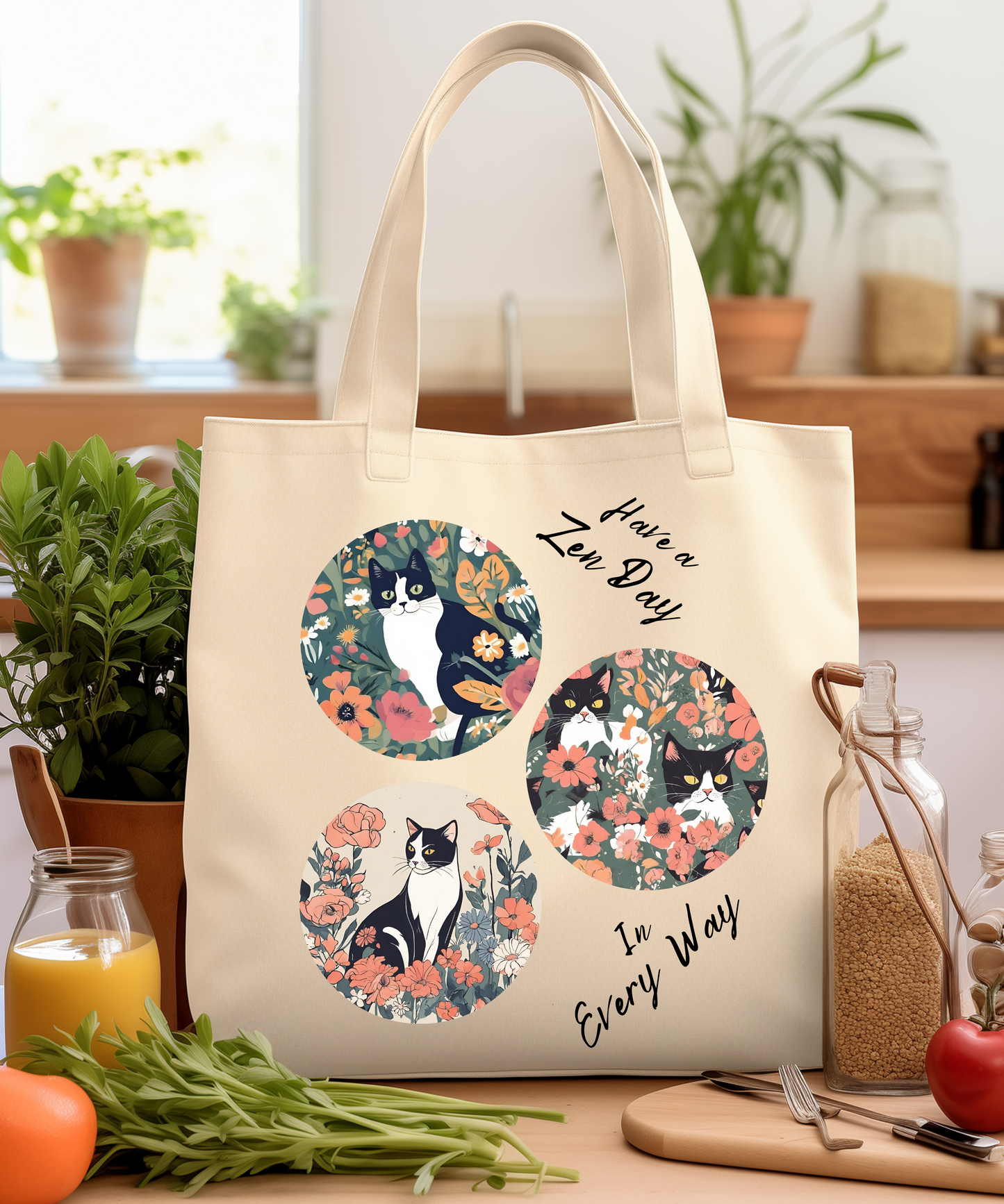 CatLady Tote with Peaceful "Have a Zen Day" Design, Reusable Canvas Bag, Cat Lady Acat Lover Mom Gift