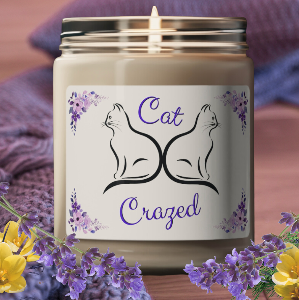 Scented Soy Candle, Whimsical "Cat Crazed" Sublimation Design, Cat Lover Pet Lover Mom Gift, Kitchen Home Office Decor,  Four Fragrances, 9oz