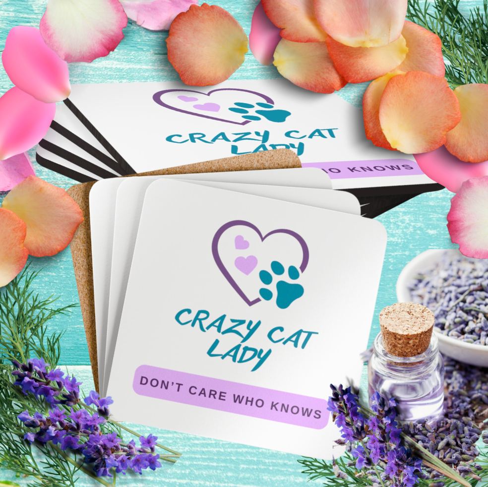 Cat-Lady Coasters, "Crazy Cat Lady" Sublimation Design, Pet Lover Gift For Her, Cork, Set of Four
