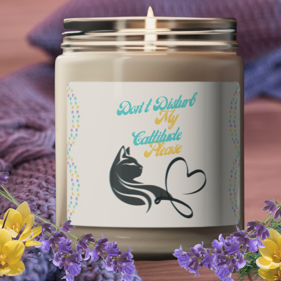 Scented Soy Candle, Cool Cat "Don't Disturb My Cattitude" Design, Cat Lover Pet Lover Mom Gift, Kitchen Home Office Decor,  Four Fragrances, 9oz