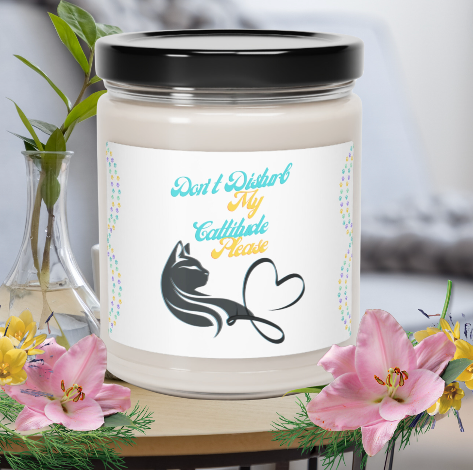 Scented Soy Candle, Cool Cat "Don't Disturb My Cattitude" Design, Cat Lover Pet Lover Mom Gift, Kitchen Home Office Decor,  Four Fragrances, 9oz