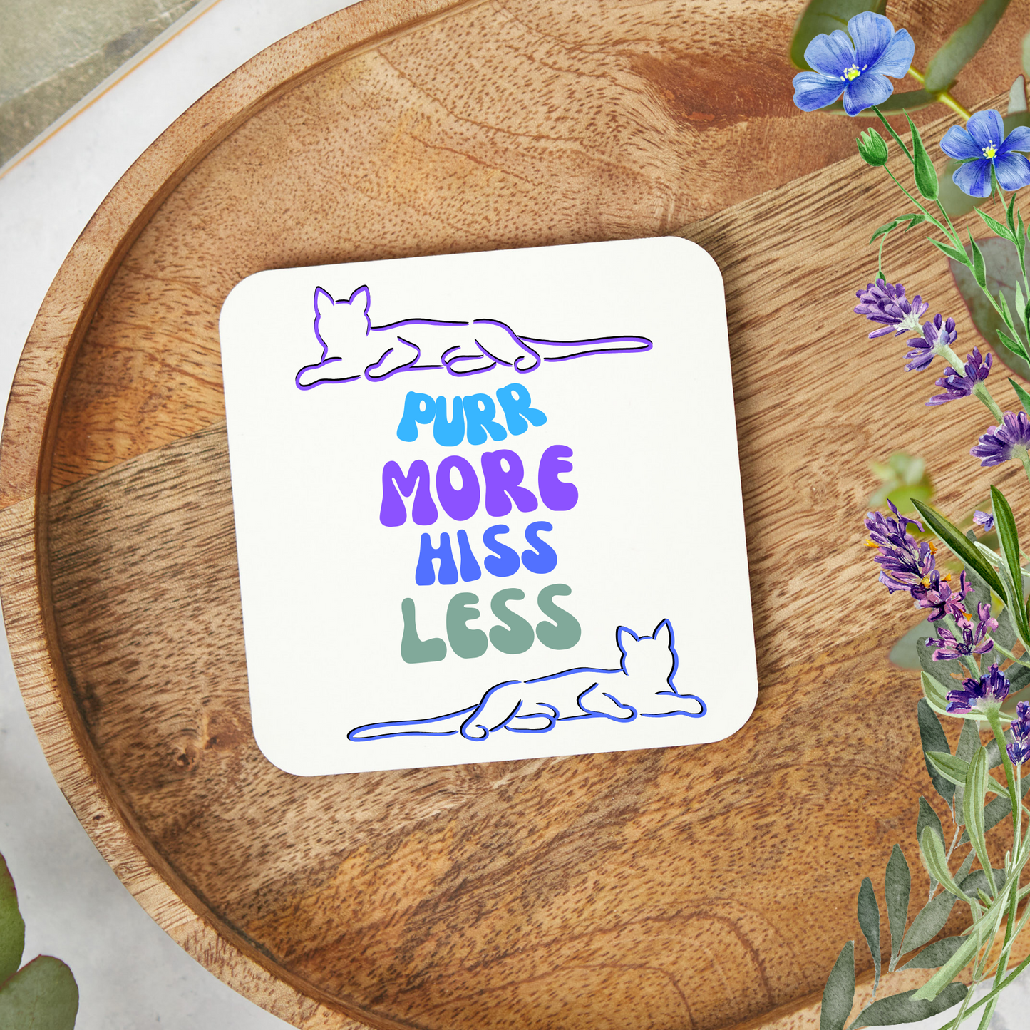 Cat-Lady Coasters, "Purr More Hiss Less" Sublimation Design, Perfect Cat Lover Gift For Mom