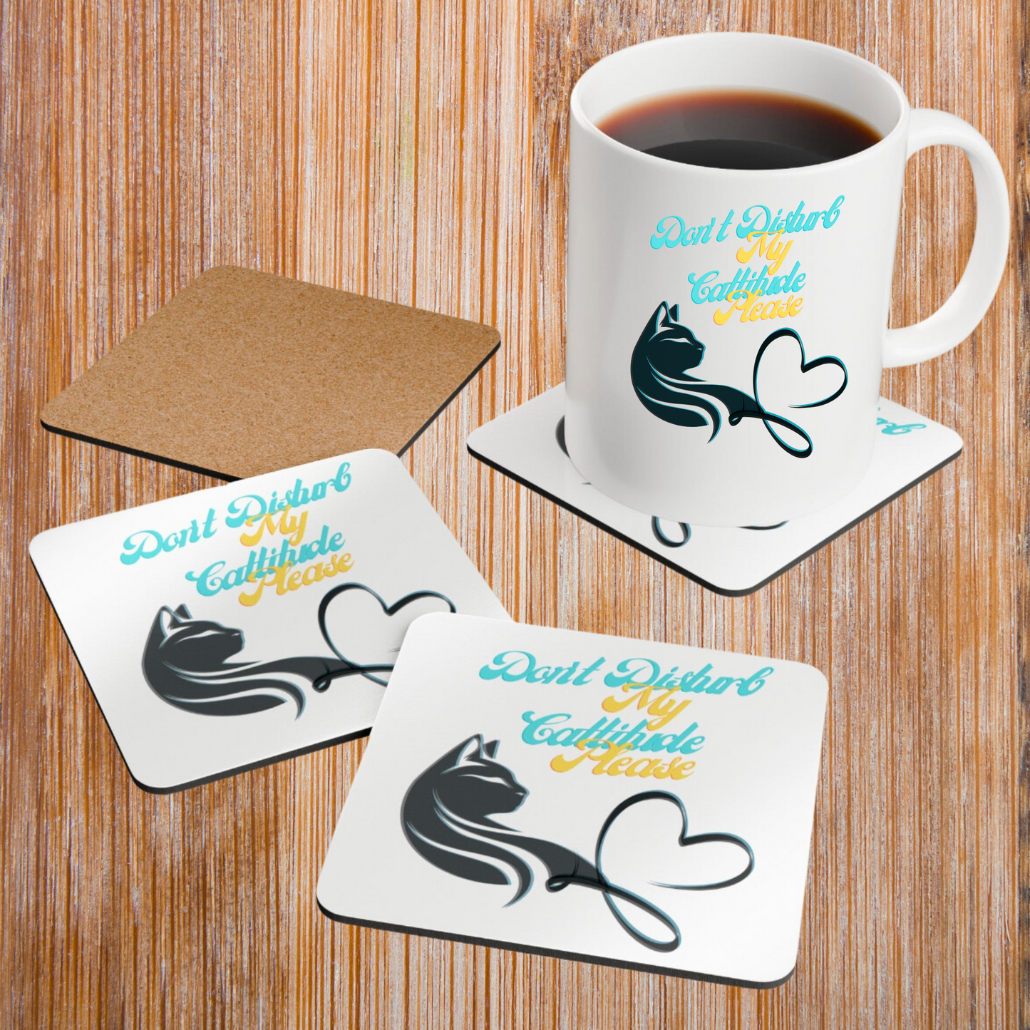 Cat-Lady Coasters, Unique "Don't Disturb My Cattitude" Sublimation Design, Cat Lover Mom Gift,  Kitchen and Home Decor, Matches Coffee Mug and Candle