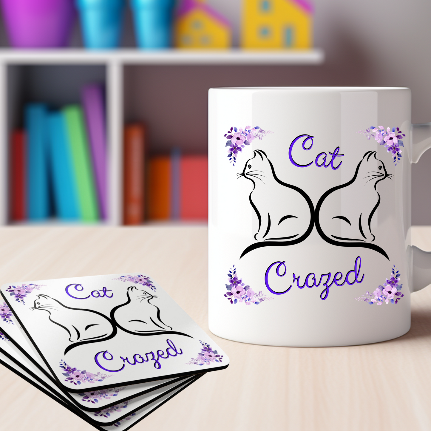 Cat-Lady Coasters, Unique "Cat Crazed" Sublimation Design, Pet Lover Cat Mom Gift, Kitchen Decor, Set of 4