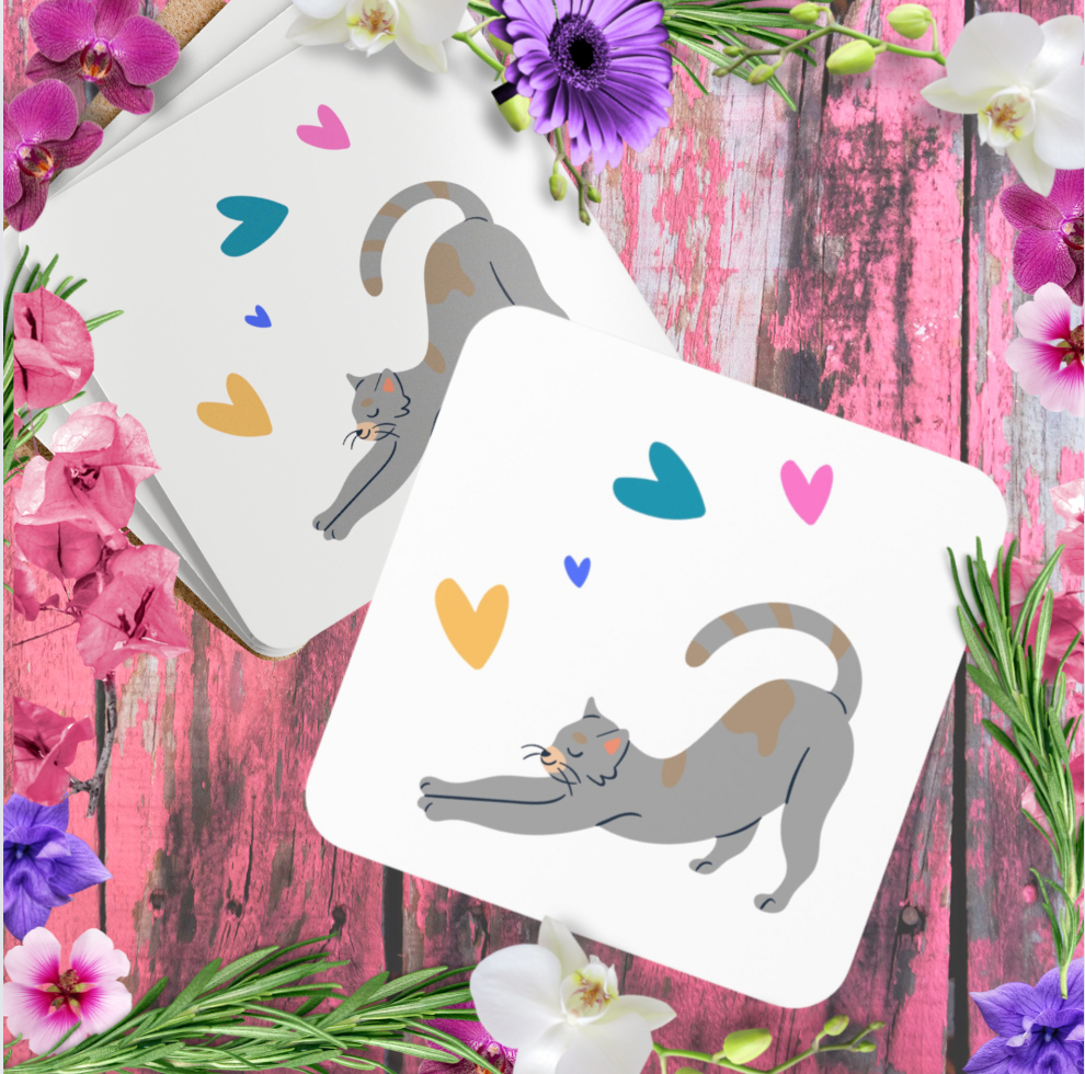 Cat-Lady Coasters, Simple "Cat & Hearts" Sublimation Design, Animal Lover Gift For Cat Mom