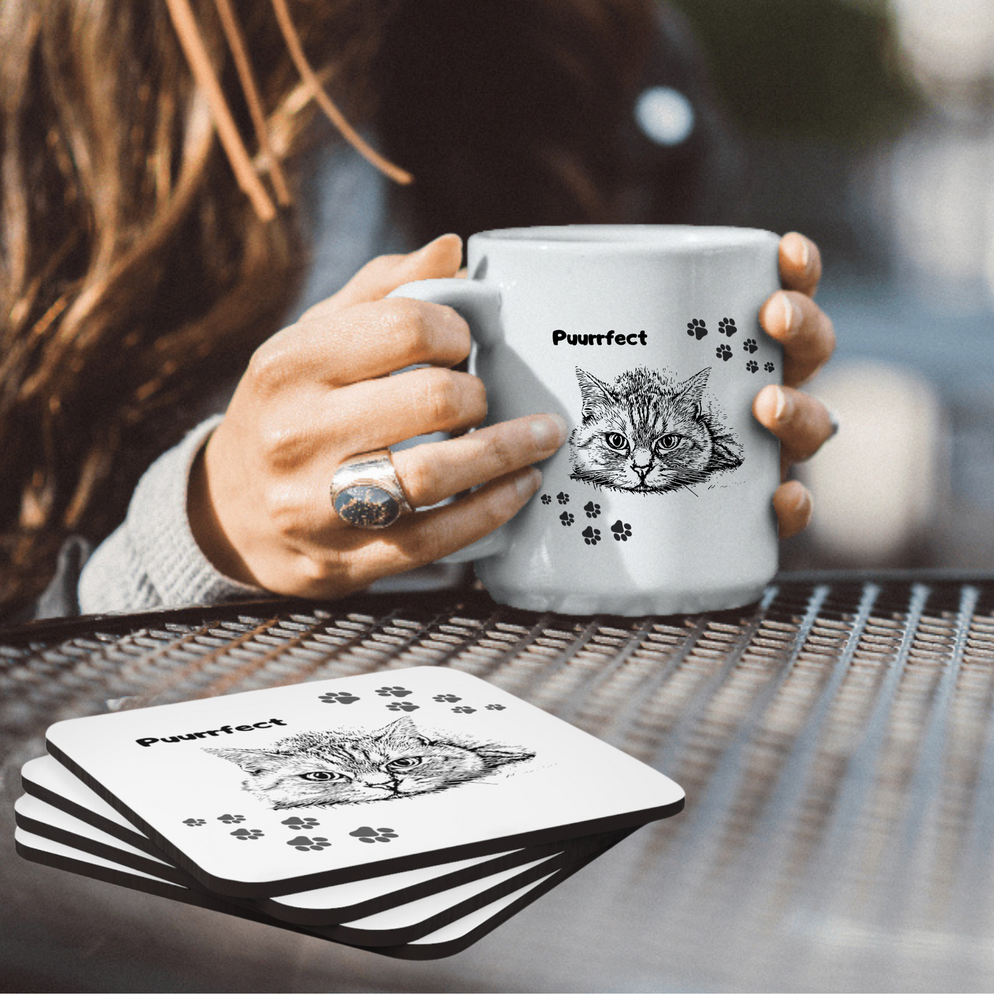 Coaster Set – "Stay Pawsitive" Sublimation Design, Cute Cat Lover Paw Prints, Gift For Mom