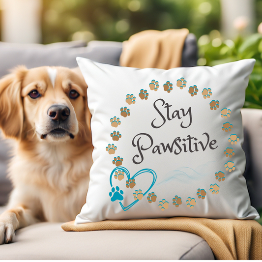 Pet-Lover Patio Pillow, "Stay Pawsitive" Design, UV- & Mildew-Resistant