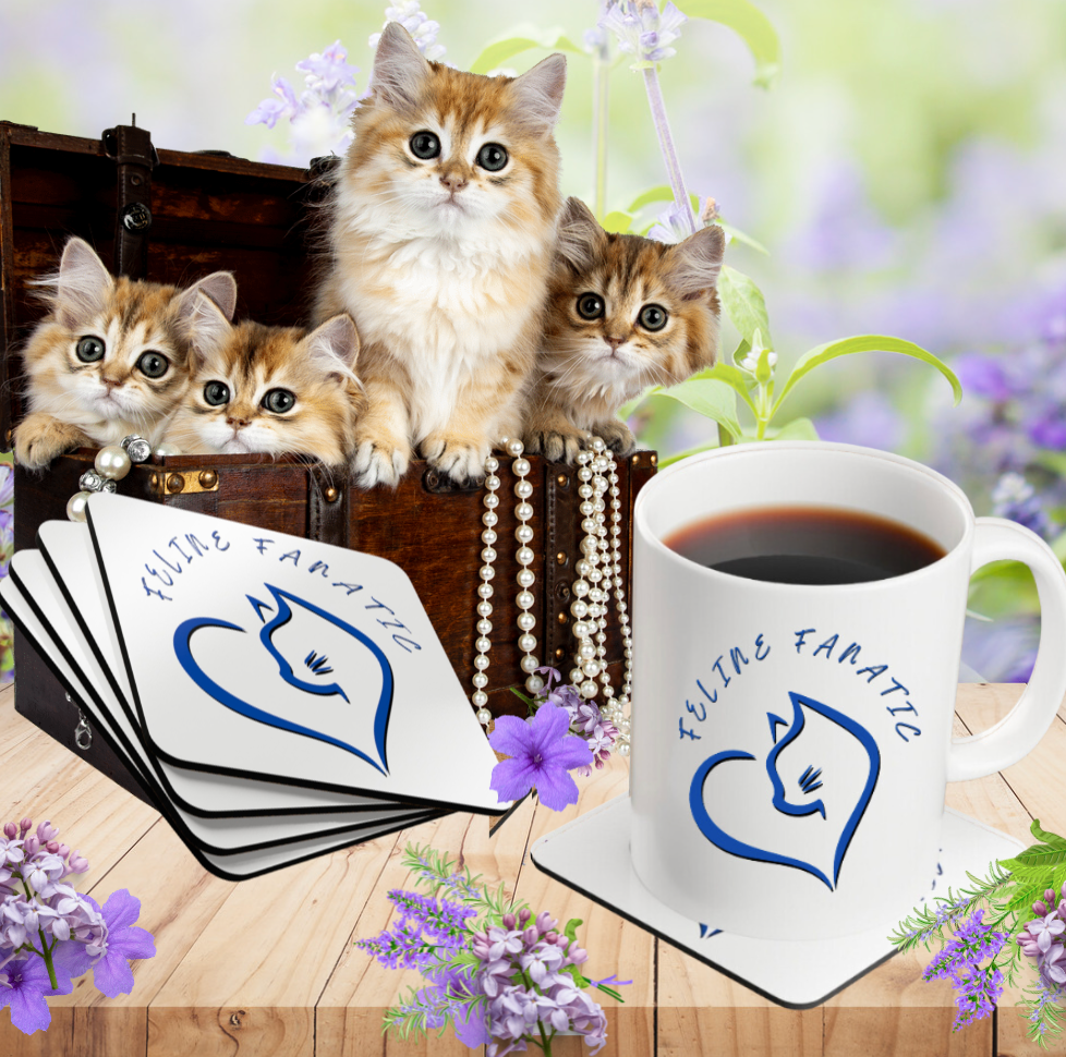 Cat-Lady Coasters, Blue "Feline Fanatic" Sublimation Design, Pet Themed Kitchen Decor Cat Lover Mom Gift