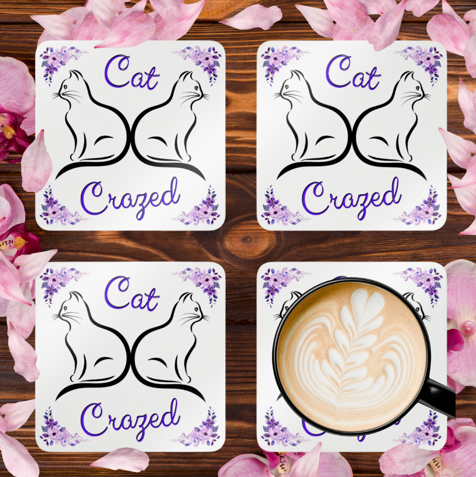 Cat-Lady Coasters, Unique "Cat Crazed" Sublimation Design, Pet Lover Cat Mom Gift, Kitchen Decor, Set of 4