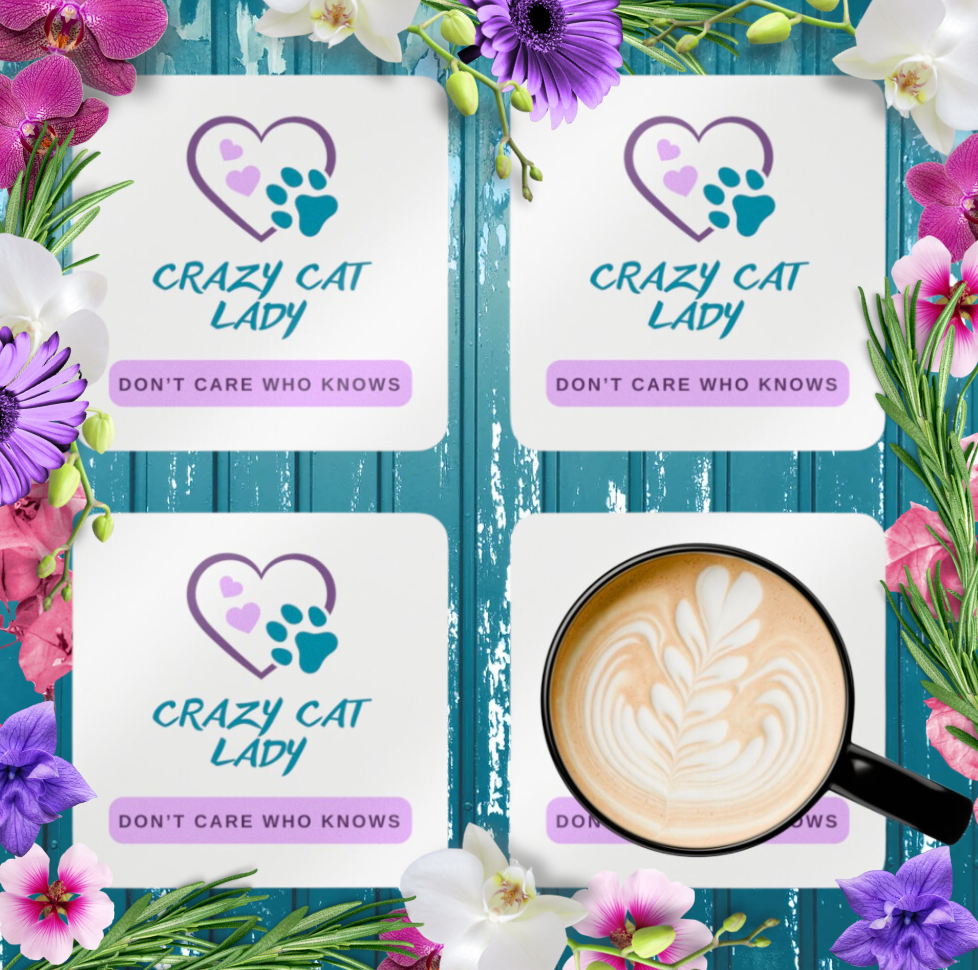 Cat-Lady Coasters, "Crazy Cat Lady" Sublimation Design, Pet Lover Gift For Her, Cork, Set of Four