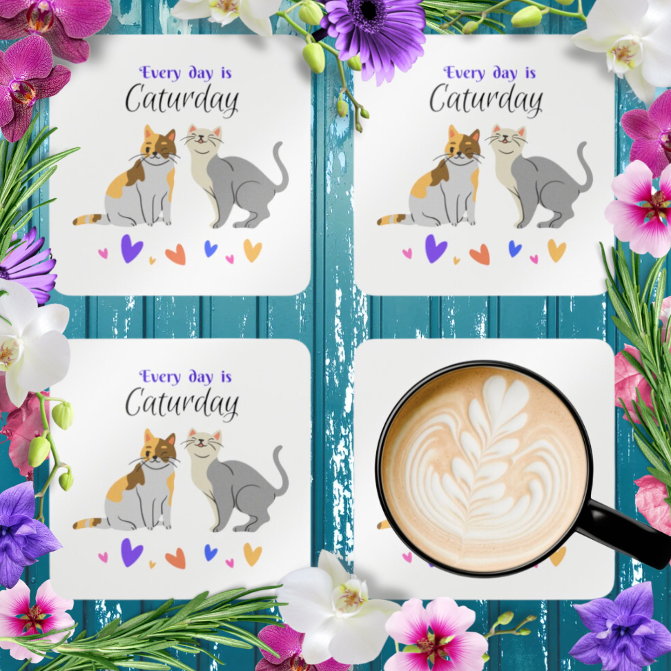 Cat-Lady Coasters, "Every day is Caturday" Sublimation Design, Gift For Cat Lover Mom