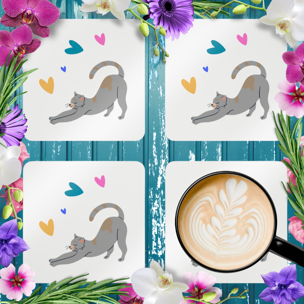 Cat-Lady Coasters, Simple "Cat & Hearts" Sublimation Design, Animal Lover Gift For Cat Mom