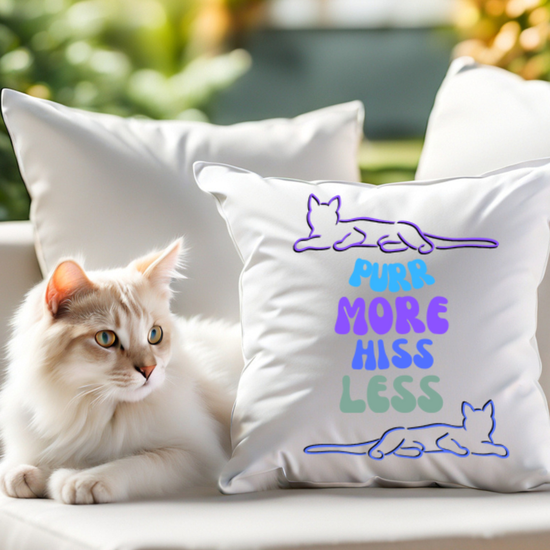 Pet-Lover Patio Pillow, "PuurrMoreHissLess" Design, Four Cats Version, UV- & Mildew-Resistant