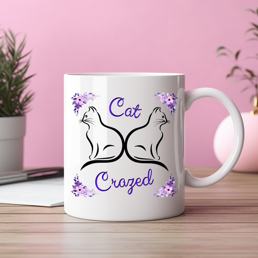 Feminine and Fun "Cat Crazed" Cat Mom Coffee Mug, Whimsical Sublimation Design, Great Pet Lover Gift For Her, Ceramic, 11oz