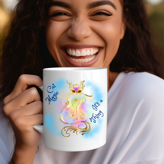 Cat Lady Mug, "Cat Magic, It's a Thing" Slogan, Cat Lover Mom Gift, Whimsical Sublimation Design, Pet Lovers Gift For Her