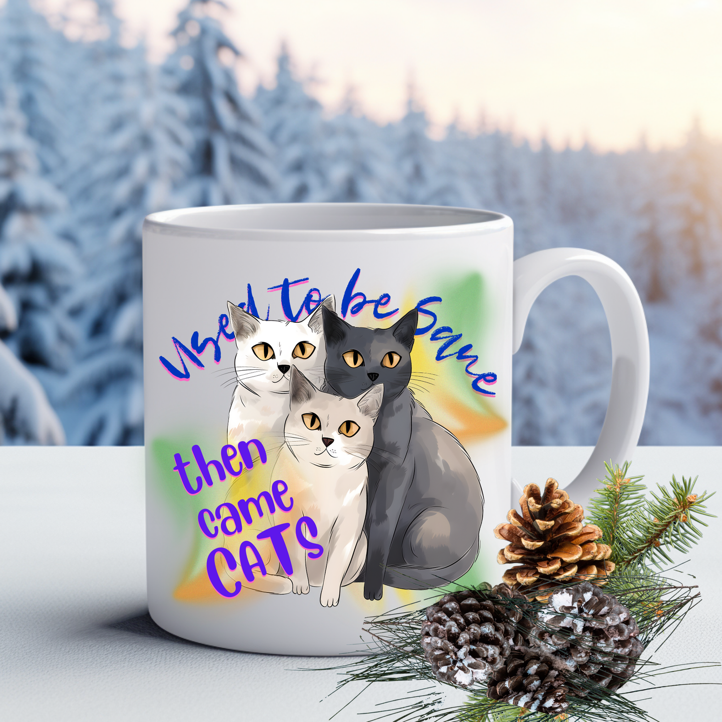 Cat Mom Mug with Fun "Used To Be Sane, Then Cats Came" Slogan, Cat Lover Cat Lady Gift, White Ceramic, 15oz