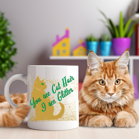 Golden Sparkles CatLover Mug with Fun "You See Cat Hair I See Glitter" Slogan, Great Cat Lover Cat Lady Gift, White Ceramic, 15oz