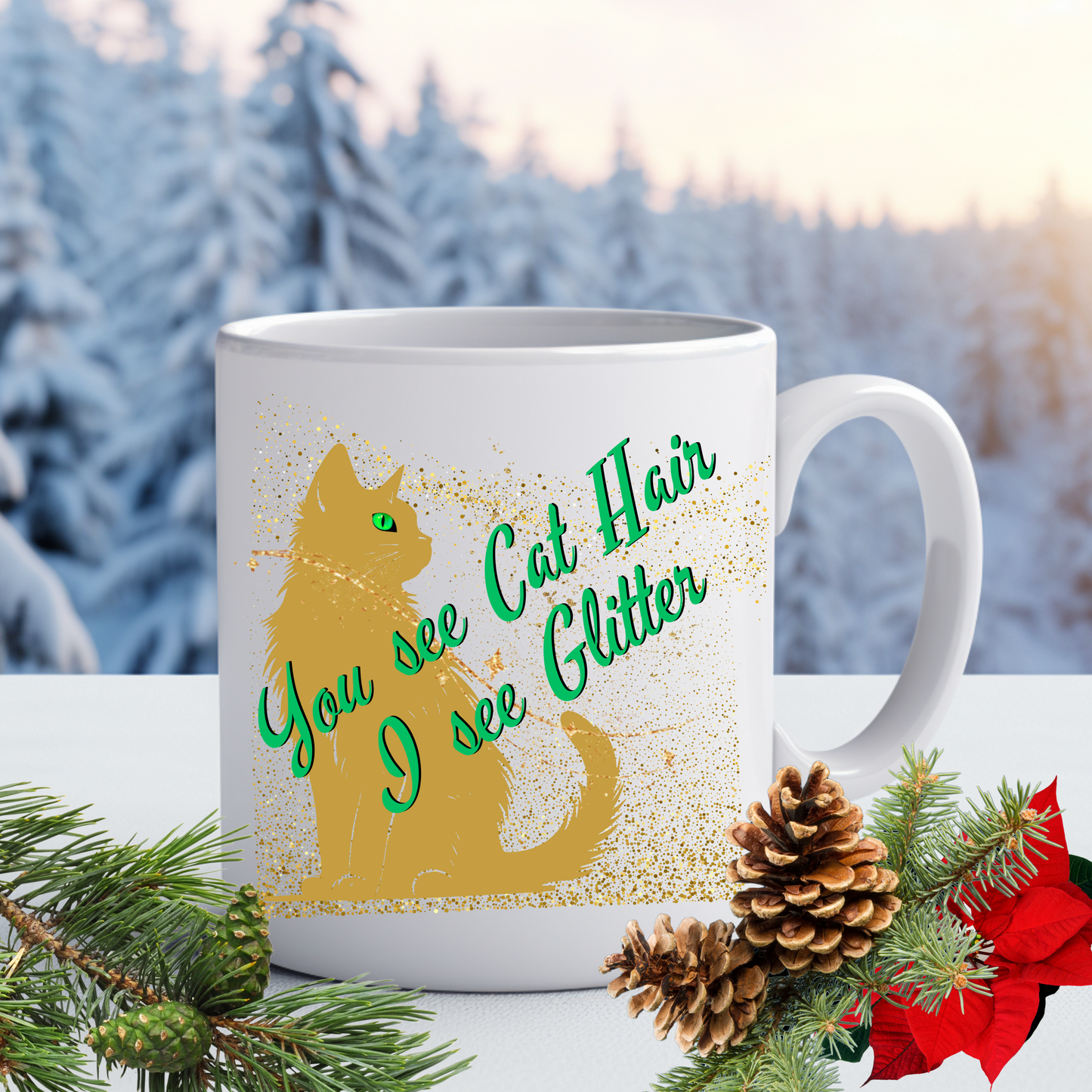 Golden Sparkles CatLover Mug with Fun "You See Cat Hair I See Glitter" Slogan, Great Cat Lover Cat Lady Gift, White Ceramic, 15oz
