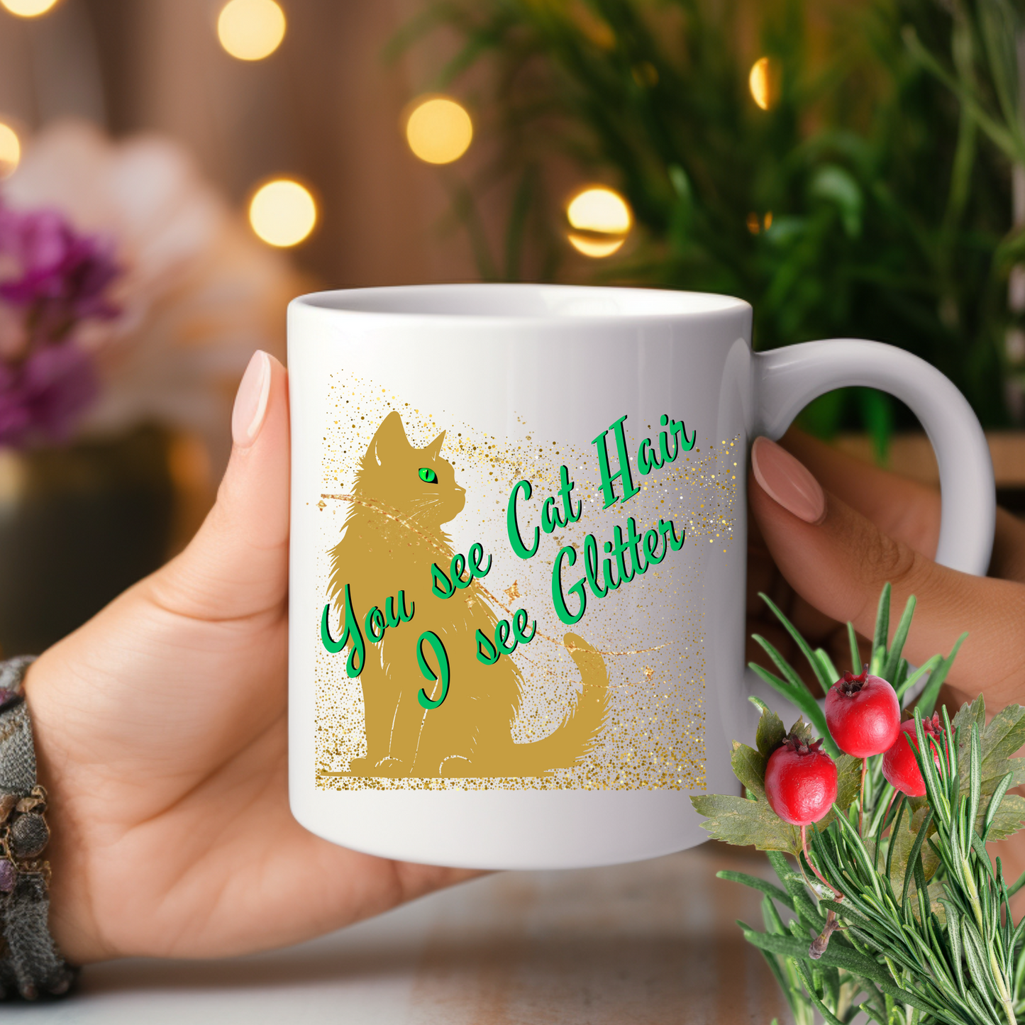 Golden Sparkles CatLover Mug with Fun "You See Cat Hair I See Glitter" Slogan, Great Cat Lover Cat Lady Gift, White Ceramic, 15oz