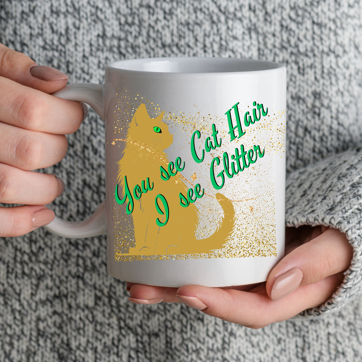 Golden Sparkles CatLover Mug with Fun "You See Cat Hair I See Glitter" Slogan, Great Cat Lover Cat Lady Gift, White Ceramic, 15oz