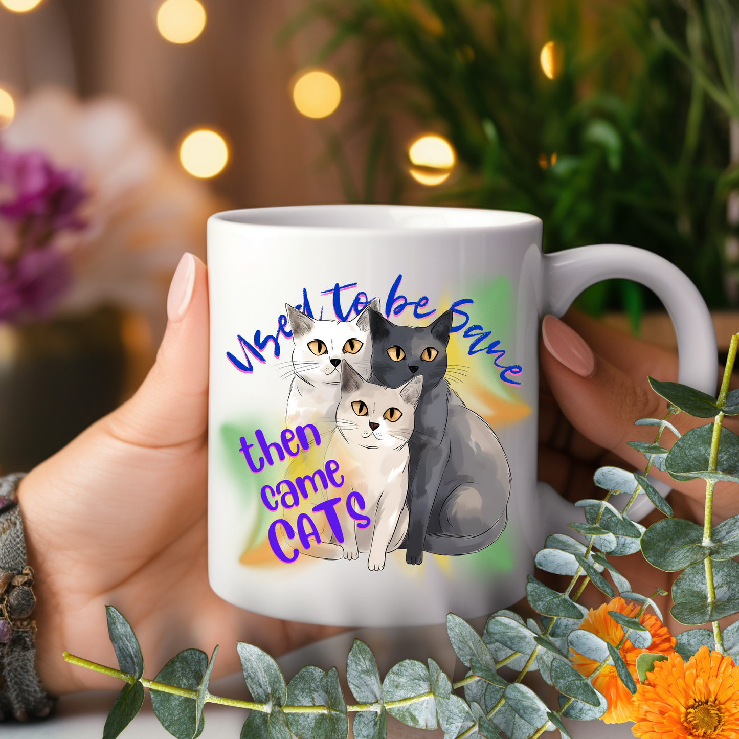 Cat Mom Mug with Fun "Used To Be Sane, Then Cats Came" Slogan, Cat Lover Cat Lady Gift, White Ceramic, 15oz