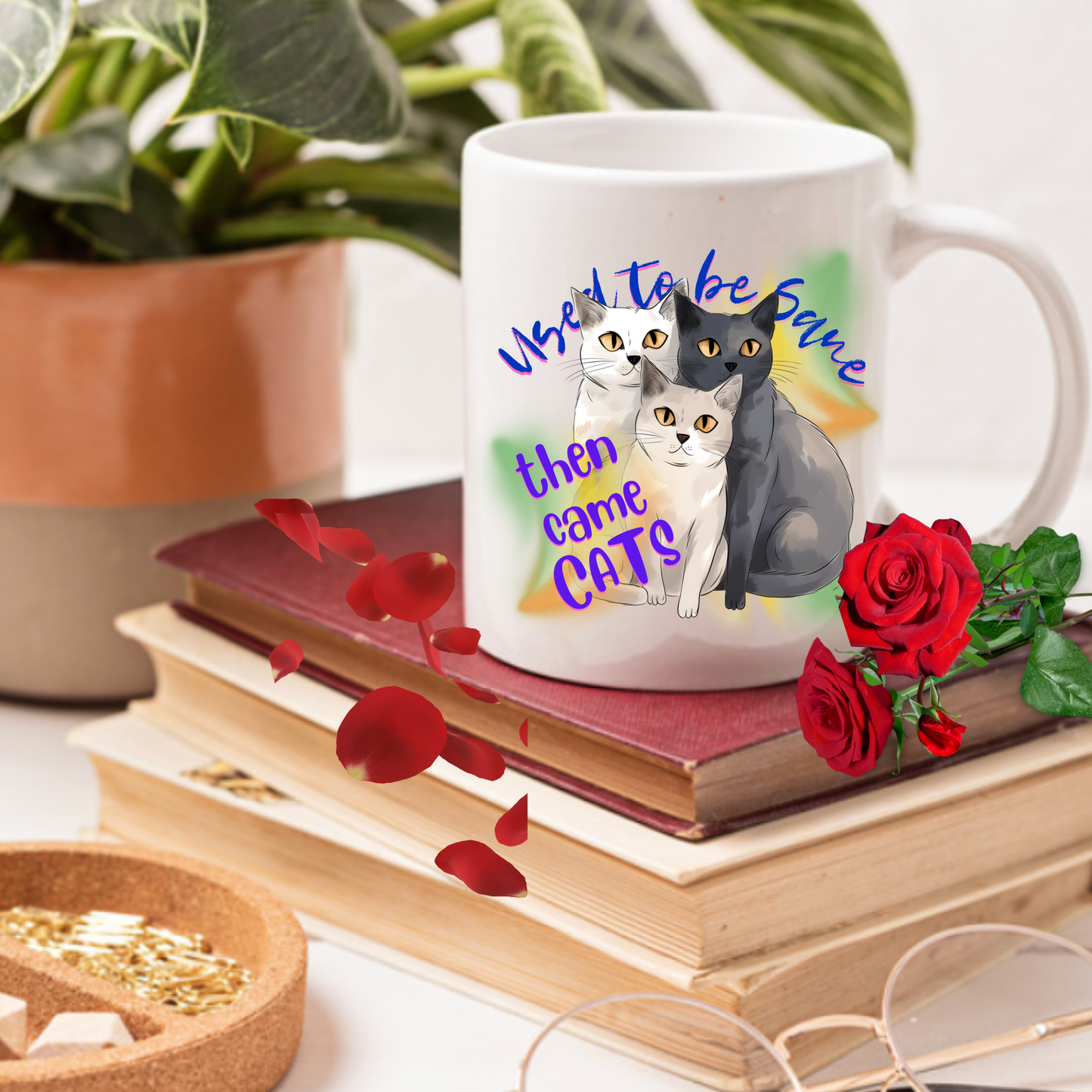 Cat Mom Mug with Fun "Used To Be Sane, Then Cats Came" Slogan, Cat Lover Cat Lady Gift, White Ceramic, 15oz