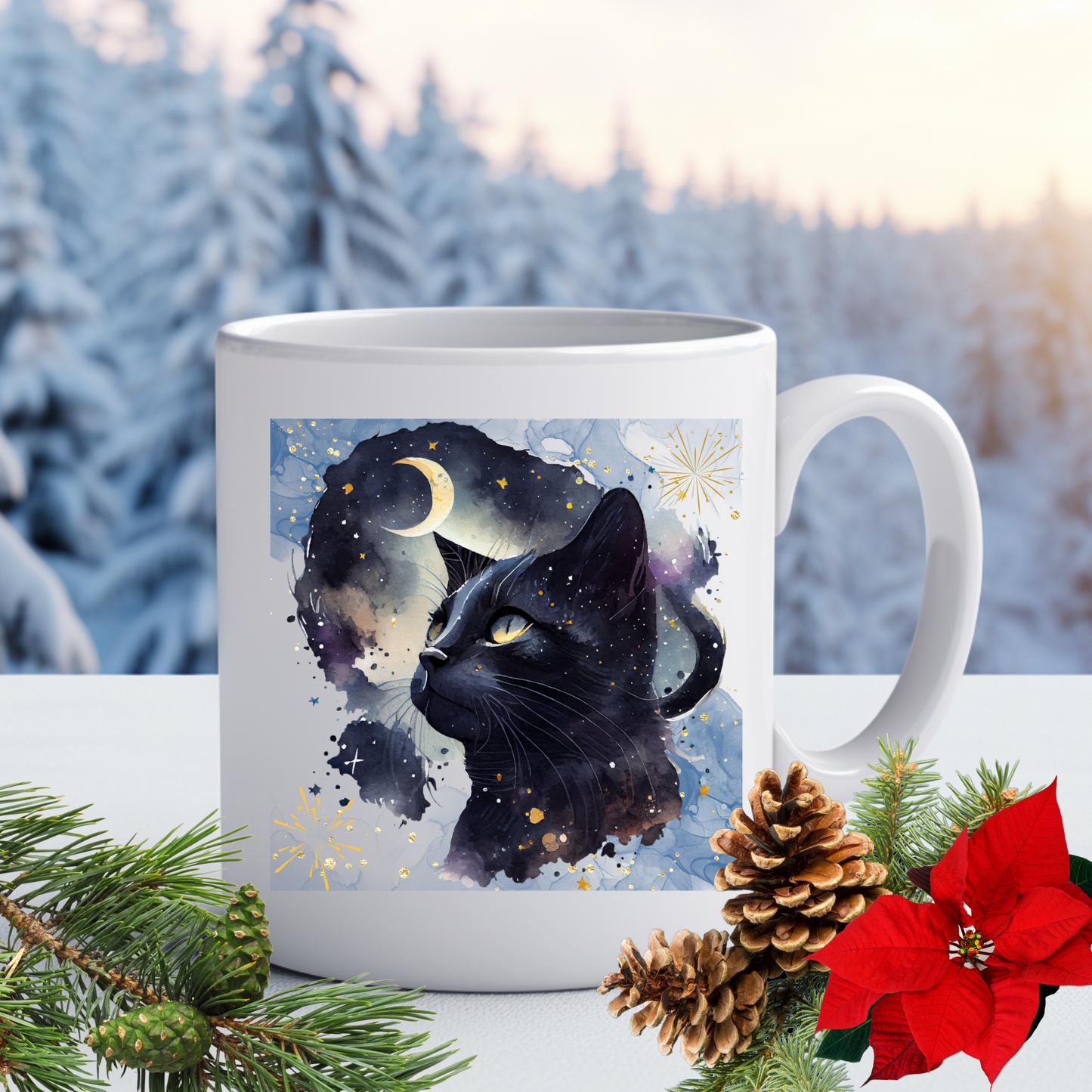 Cool Cat Mom Coffee Mug With Mystic Black Cat Graphic And A Touch Of Fairy Dust, Great Cat Lady Gift, White Ceramic, 15oz