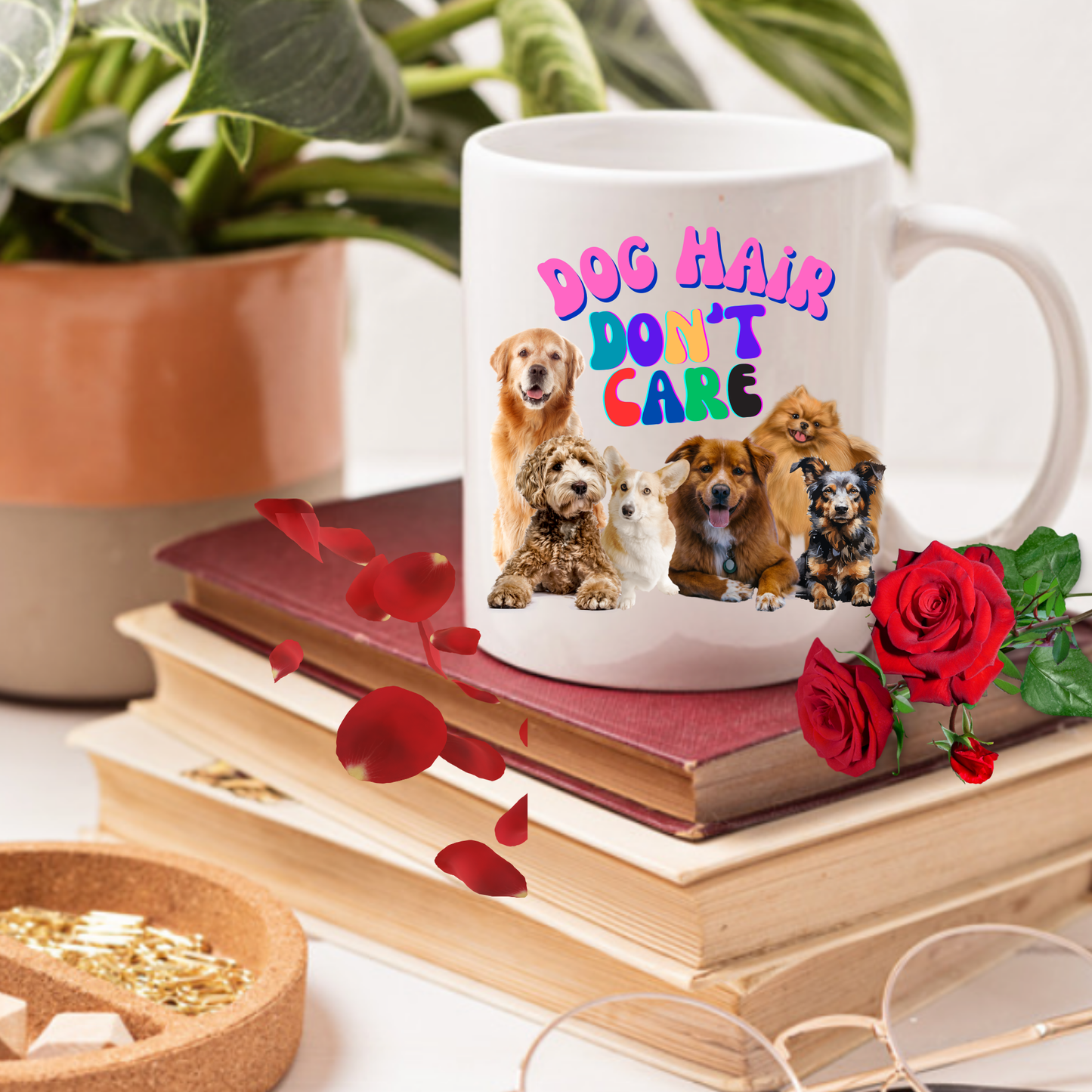 Cheerful "Dog Hair Don't Care" Dog Mom Mug With Puffy Retro Type And Cute Pack Of Pups, Dog Lover Stocking Stuffer Gift, White Ceramic, 15oz
