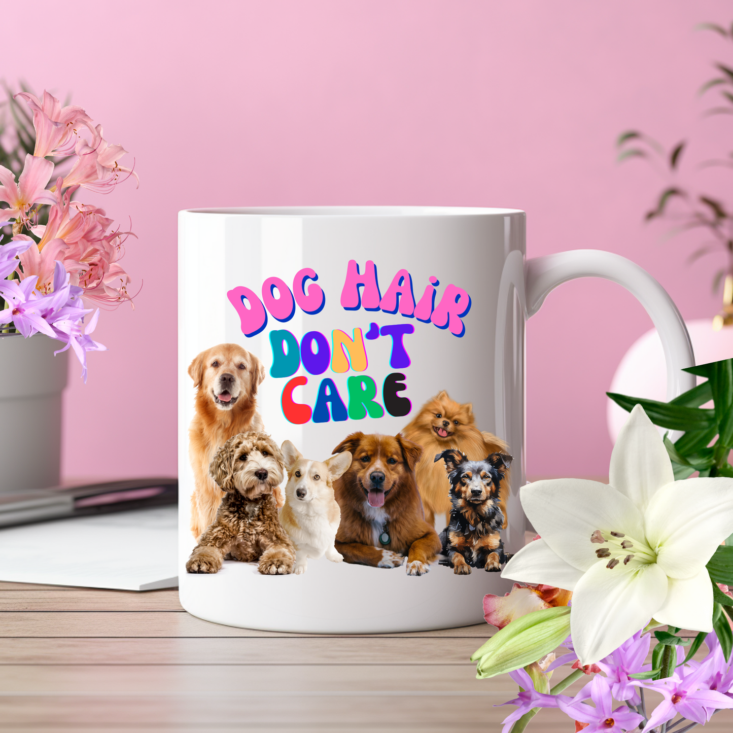 Cheerful "Dog Hair Don't Care" Dog Mom Mug With Puffy Retro Type And Cute Pack Of Pups, Dog Lover Stocking Stuffer Gift, White Ceramic, 15oz