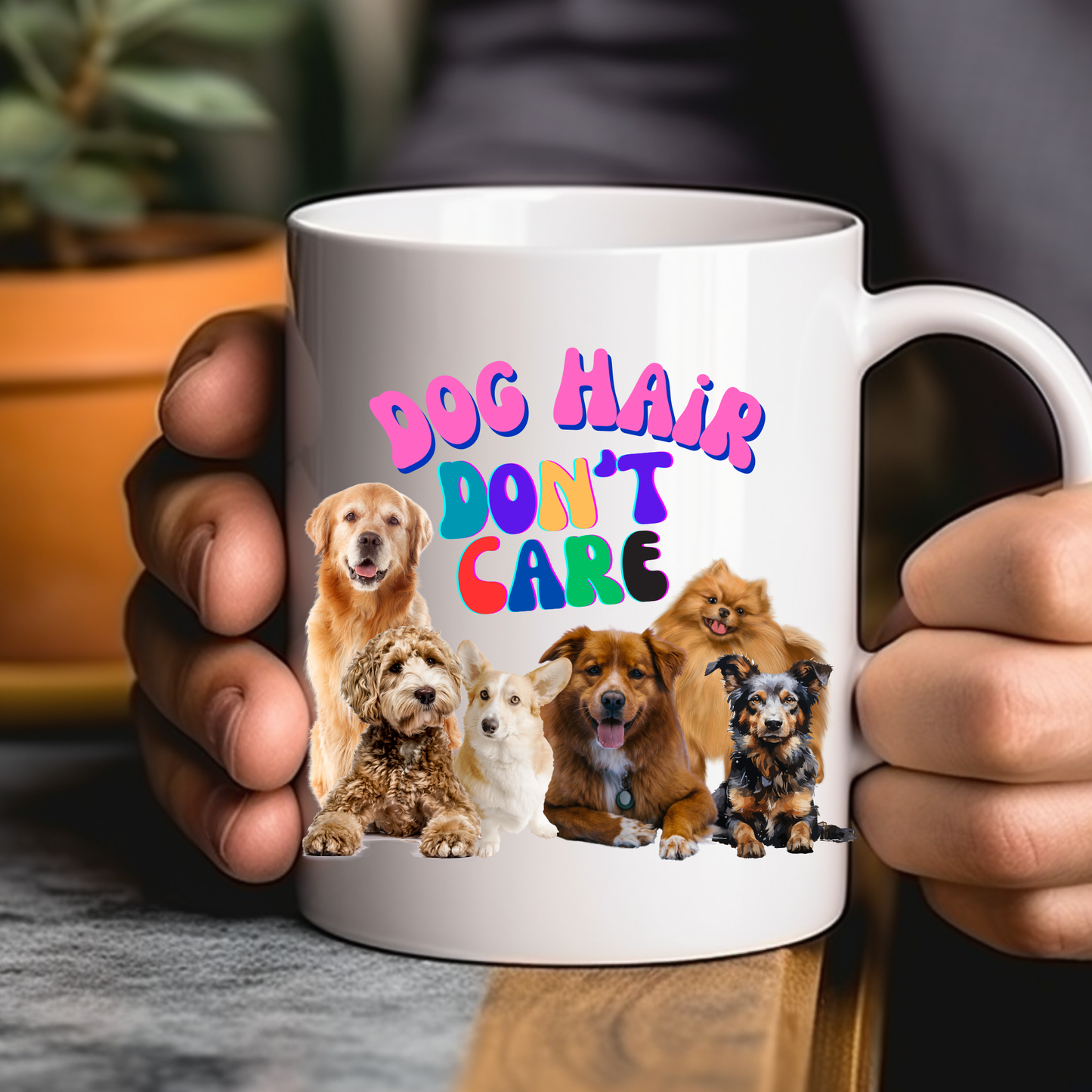 Cheerful "Dog Hair Don't Care" Dog Mom Mug With Puffy Retro Type And Cute Pack Of Pups, Dog Lover Stocking Stuffer Gift, White Ceramic, 15oz