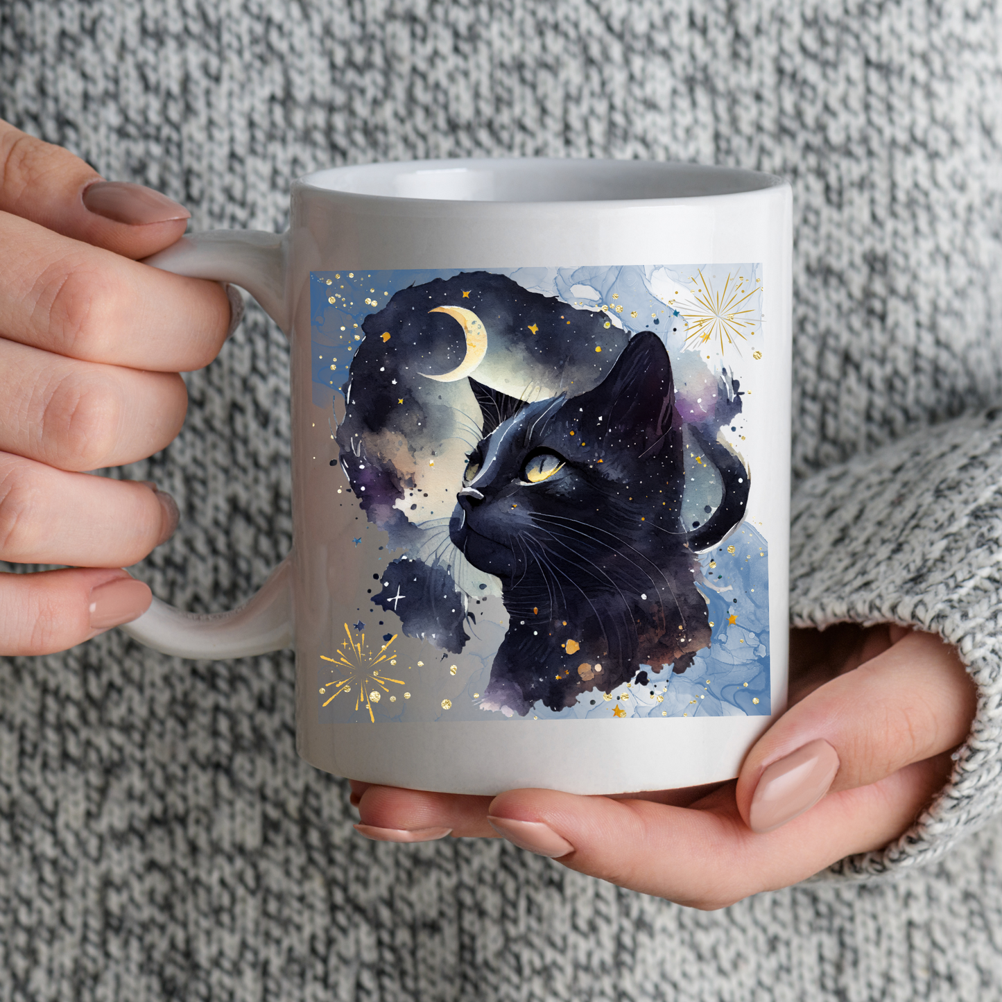 Cool Cat Mom Coffee Mug With Mystic Black Cat Graphic And A Touch Of Fairy Dust, Great Cat Lady Gift, White Ceramic, 15oz
