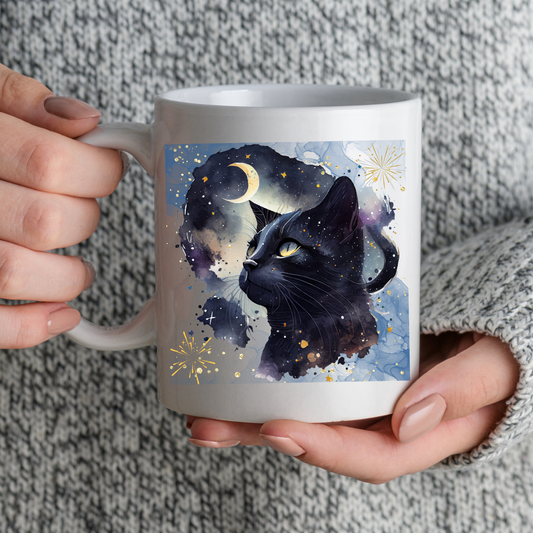 Cool Cat Mom Coffee Mug With Mystic Black Cat Graphic And A Touch Of Fairy Dust, Great Cat Lady Gift, White Ceramic, 15oz