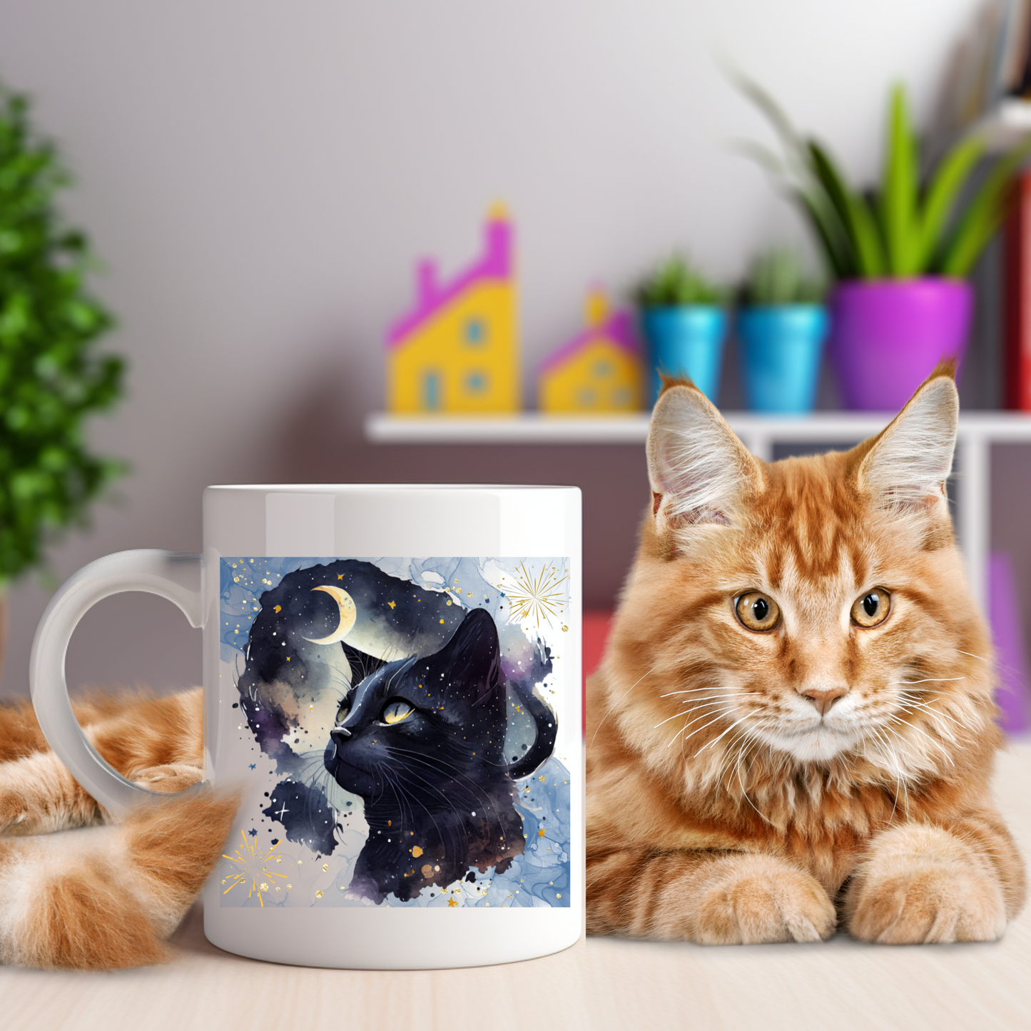 Cool Cat Mom Coffee Mug With Mystic Black Cat Graphic And A Touch Of Fairy Dust, Great Cat Lady Gift, White Ceramic, 15oz