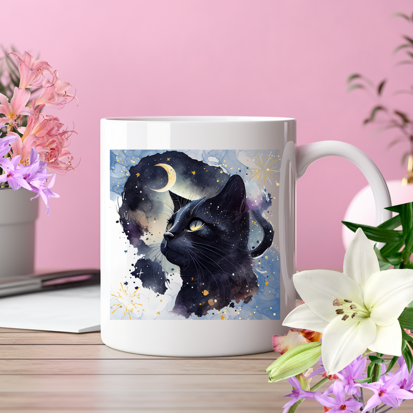 Cool Cat Mom Coffee Mug With Mystic Black Cat Graphic And A Touch Of Fairy Dust, Great Cat Lady Gift, White Ceramic, 15oz