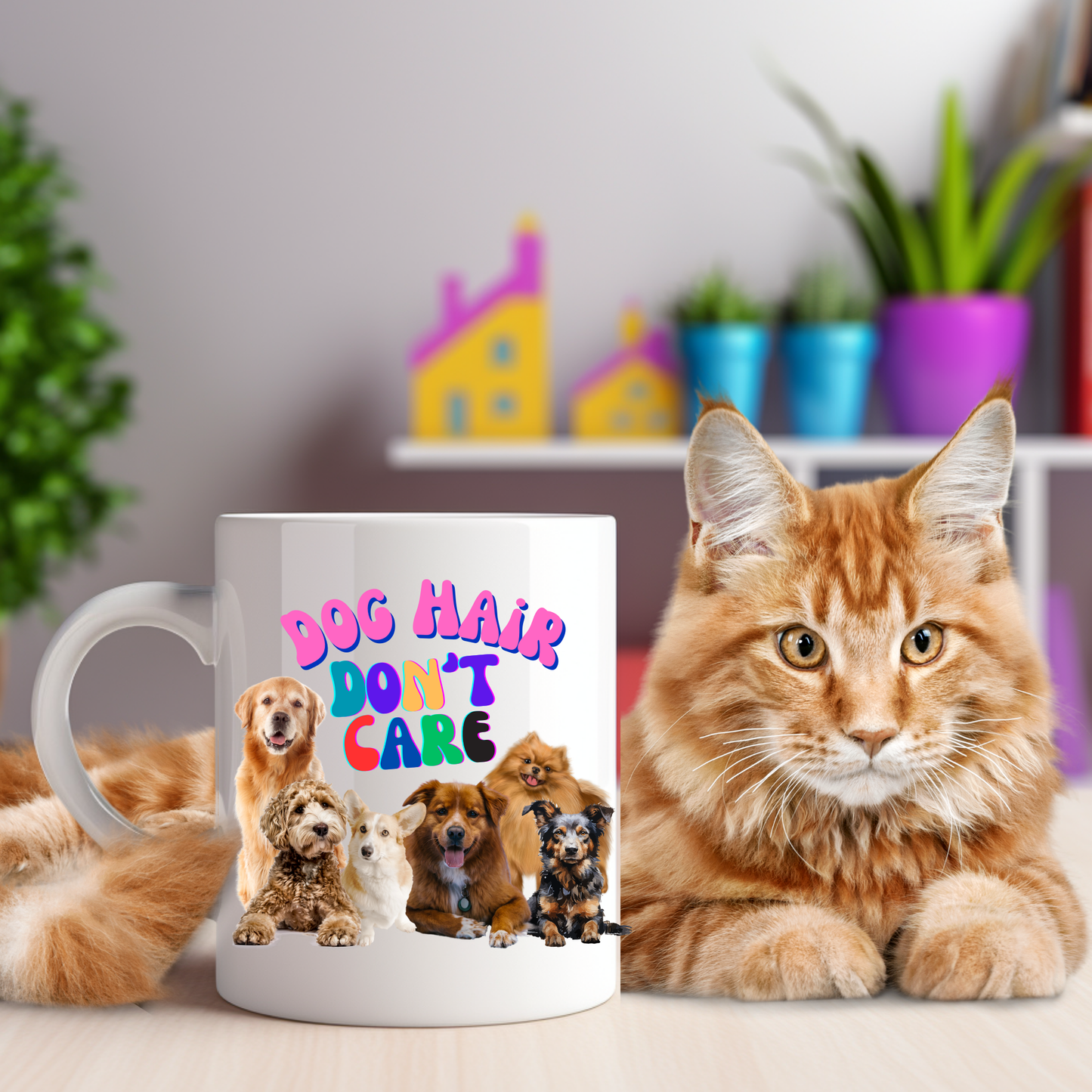 Cheerful "Dog Hair Don't Care" Dog Mom Mug With Puffy Retro Type And Cute Pack Of Pups, Dog Lover Stocking Stuffer Gift, White Ceramic, 15oz