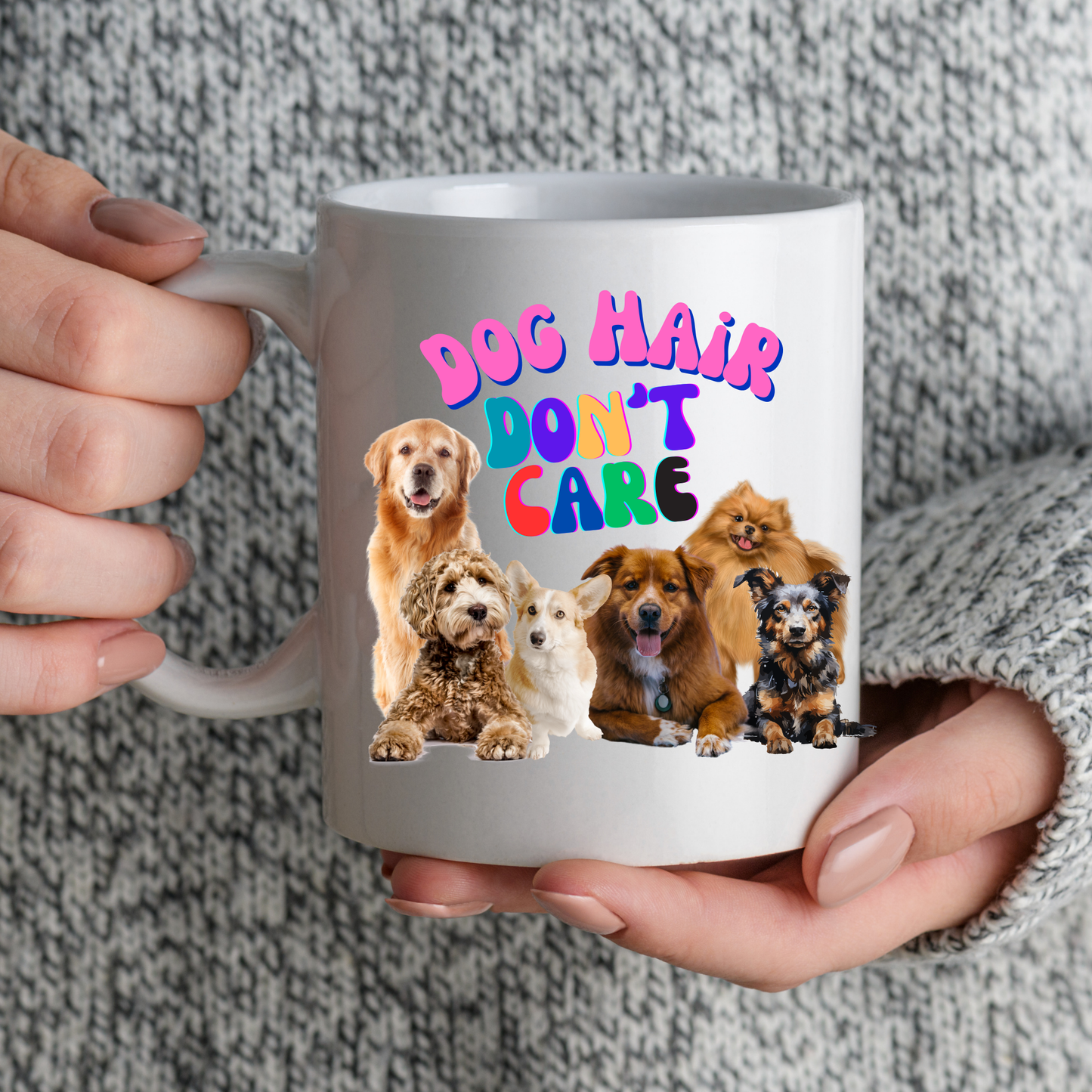 Cheerful "Dog Hair Don't Care" Dog Mom Mug With Puffy Retro Type And Cute Pack Of Pups, Dog Lover Stocking Stuffer Gift, White Ceramic, 15oz