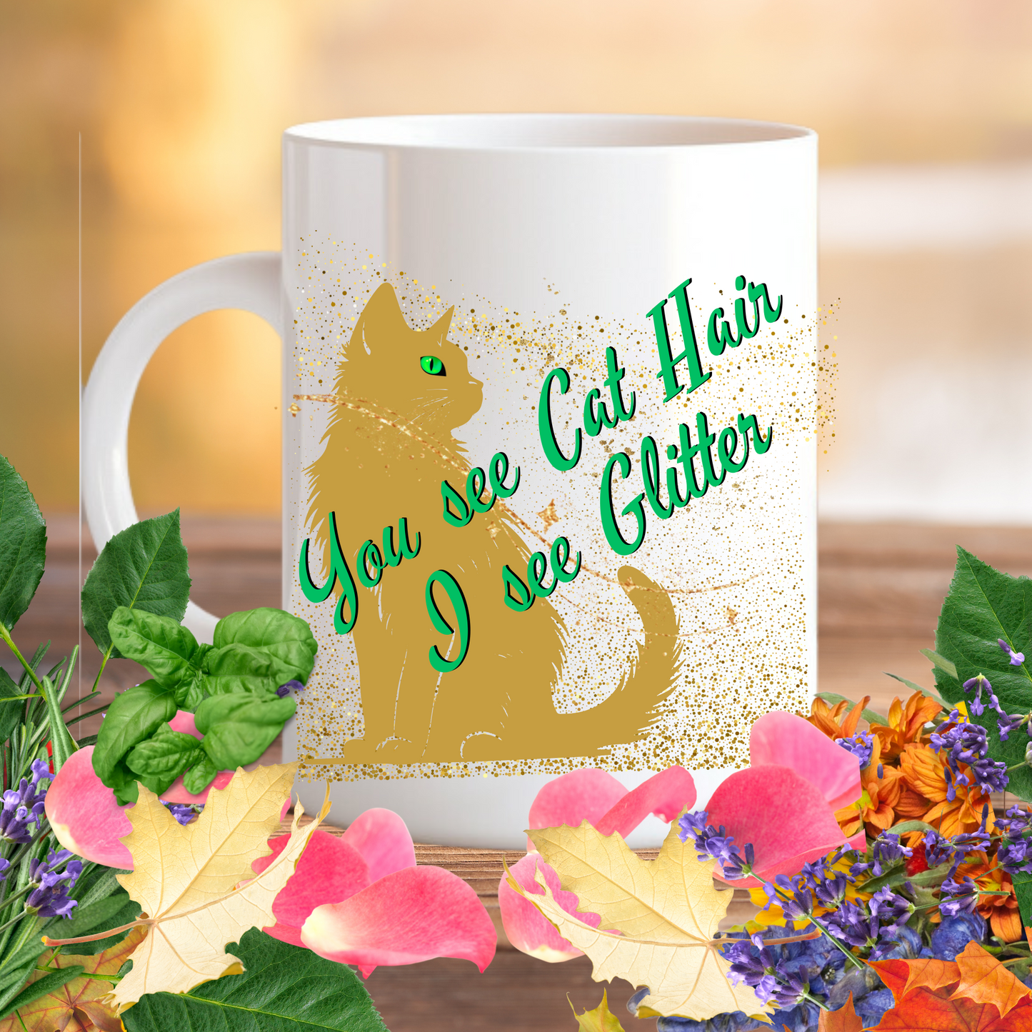 Golden Sparkles CatLover Mug with Fun "You See Cat Hair I See Glitter" Slogan, Great Cat Lover Cat Lady Gift, White Ceramic, 15oz