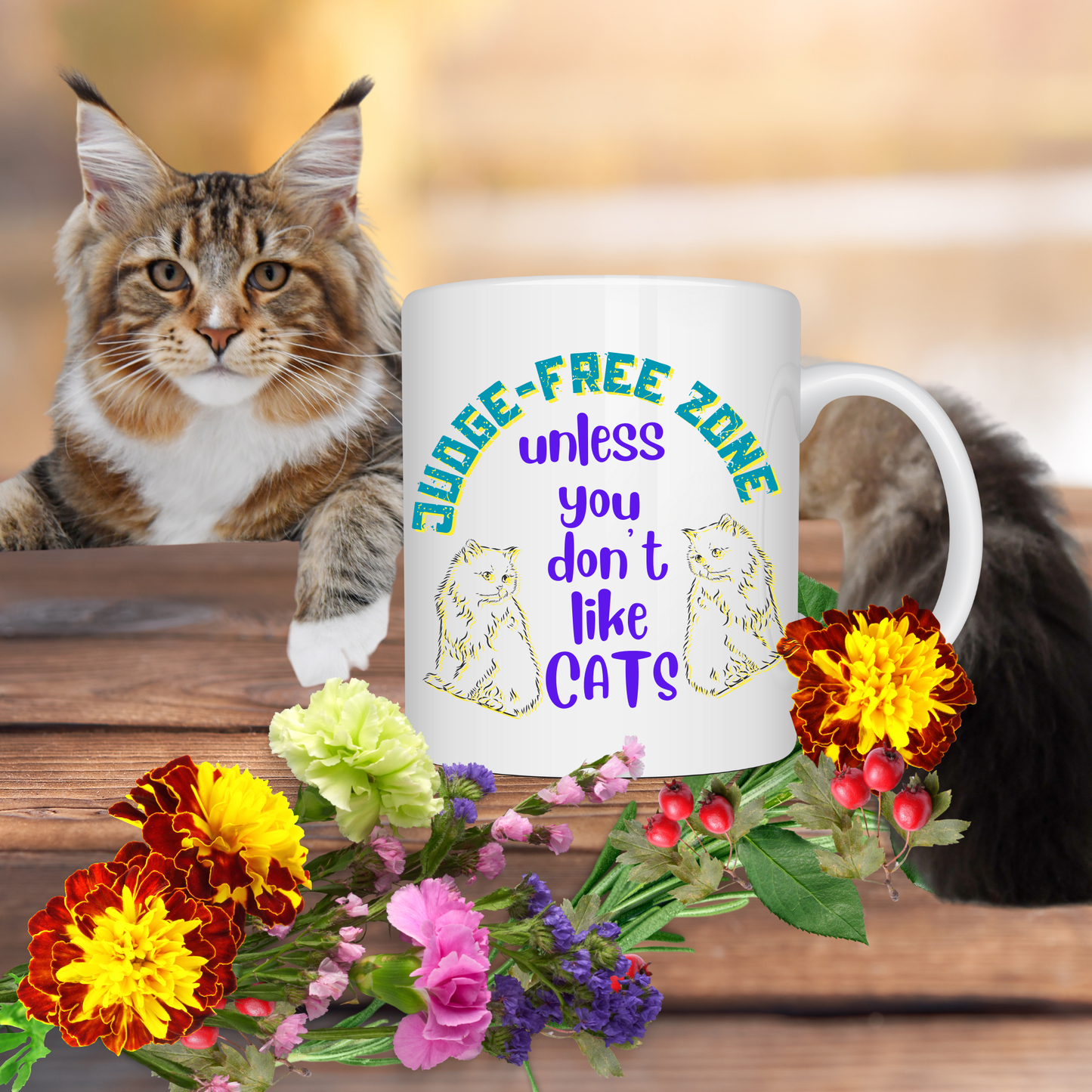 Cat Lover "Judge-Free Zone" Mug For Moms Who TRY Not To Judge Folks Who Aren't Feline Fanatics, Holiday Birthday CatLady Gift, White Ceramic, 15oz
