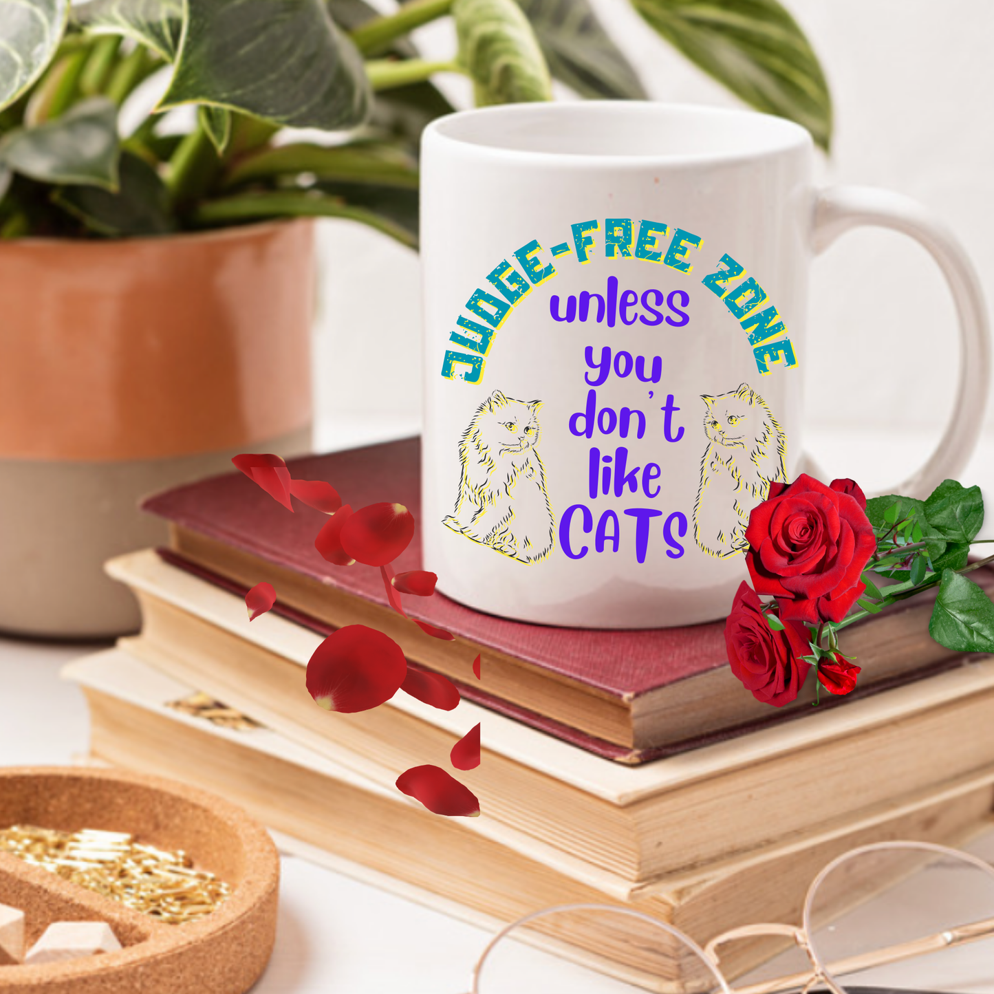 Cat Lover "Judge-Free Zone" Mug For Moms Who TRY Not To Judge Folks Who Aren't Feline Fanatics, Holiday Birthday CatLady Gift, White Ceramic, 15oz