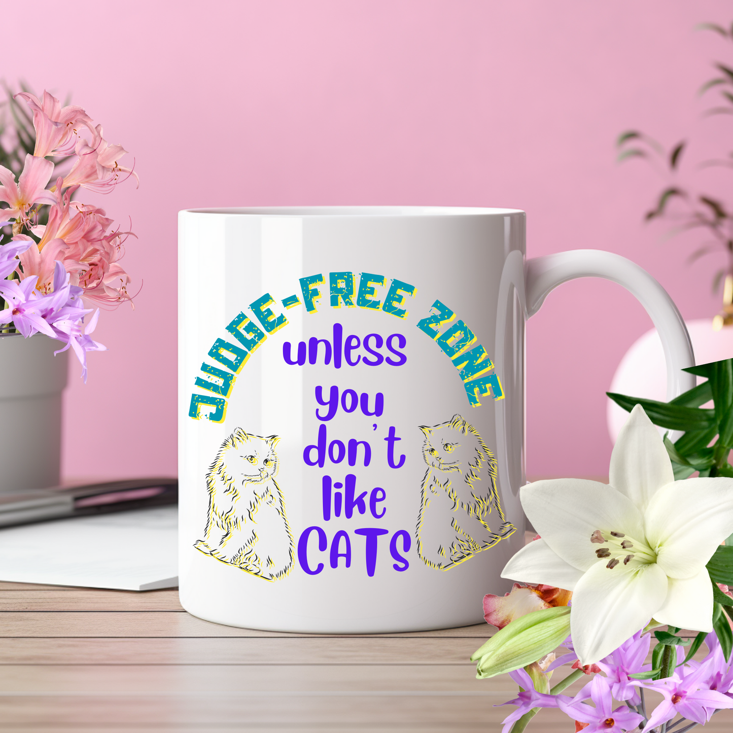 Cat Lover "Judge-Free Zone" Mug For Moms Who TRY Not To Judge Folks Who Aren't Feline Fanatics, Holiday Birthday CatLady Gift, White Ceramic, 15oz