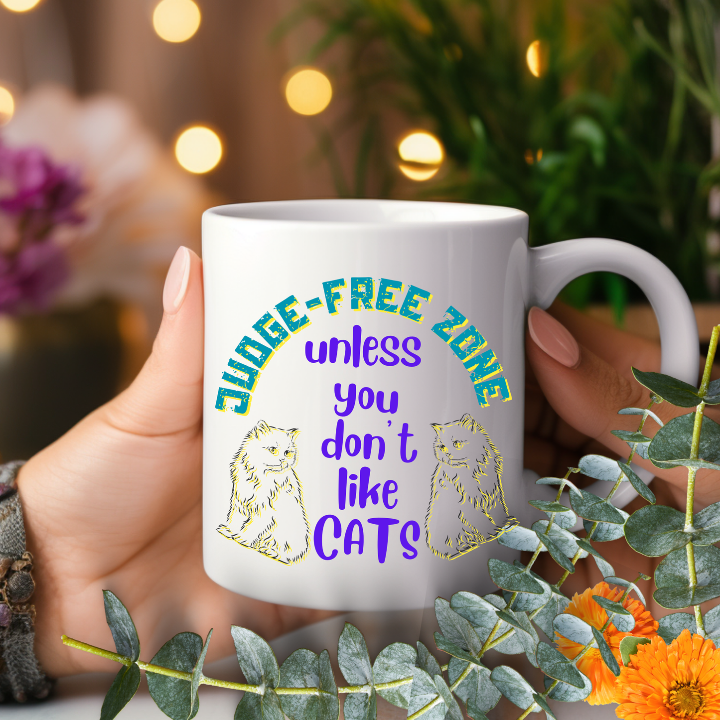 Cat Lover "Judge-Free Zone" Mug For Moms Who TRY Not To Judge Folks Who Aren't Feline Fanatics, Holiday Birthday CatLady Gift, White Ceramic, 15oz