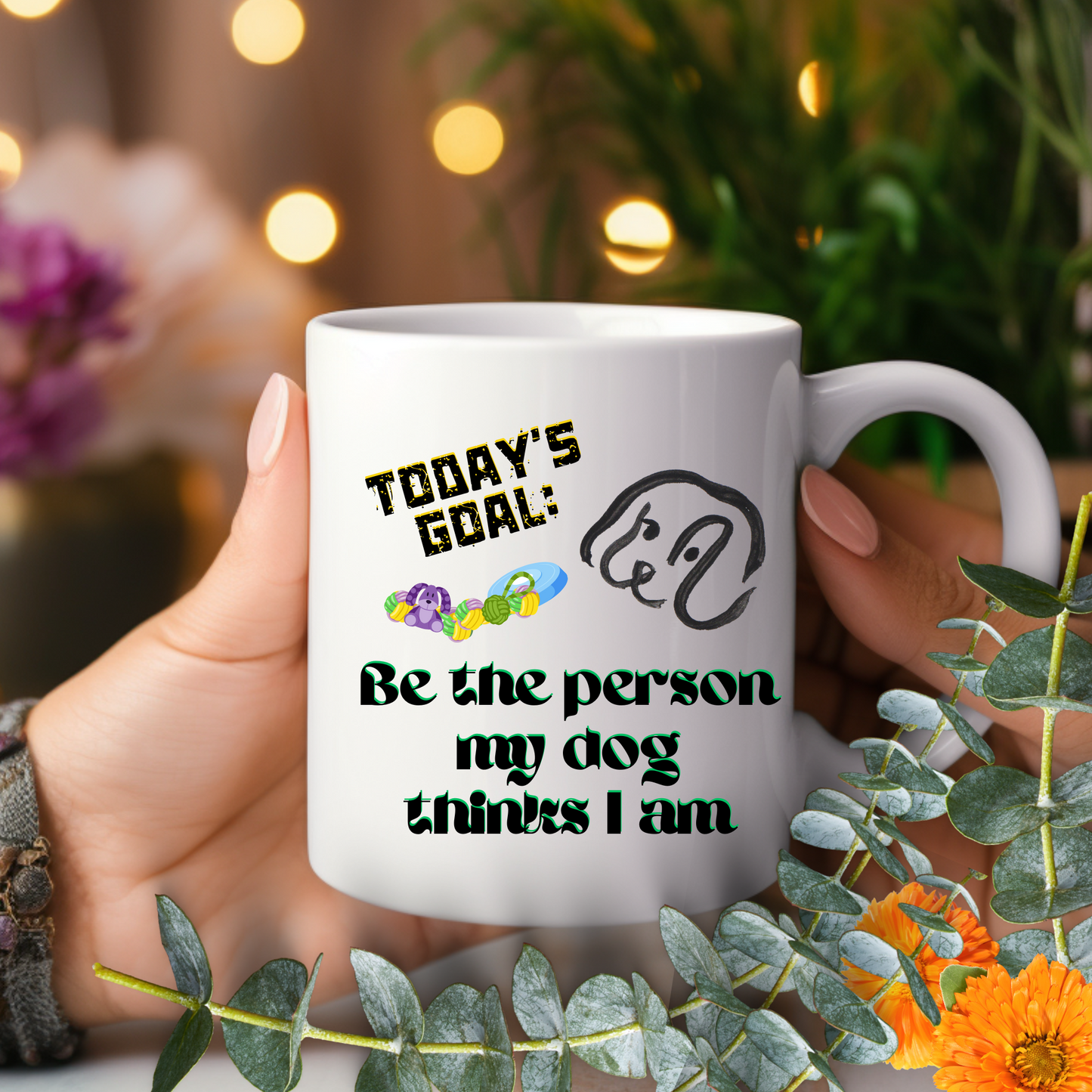 Playful DogMom Mug Sets A Daily Goal With Its "Be The Person My Dog Thinks I Am" Slogan, Holiday Birthday Dog Lover Gift, White Ceramic, 15oz