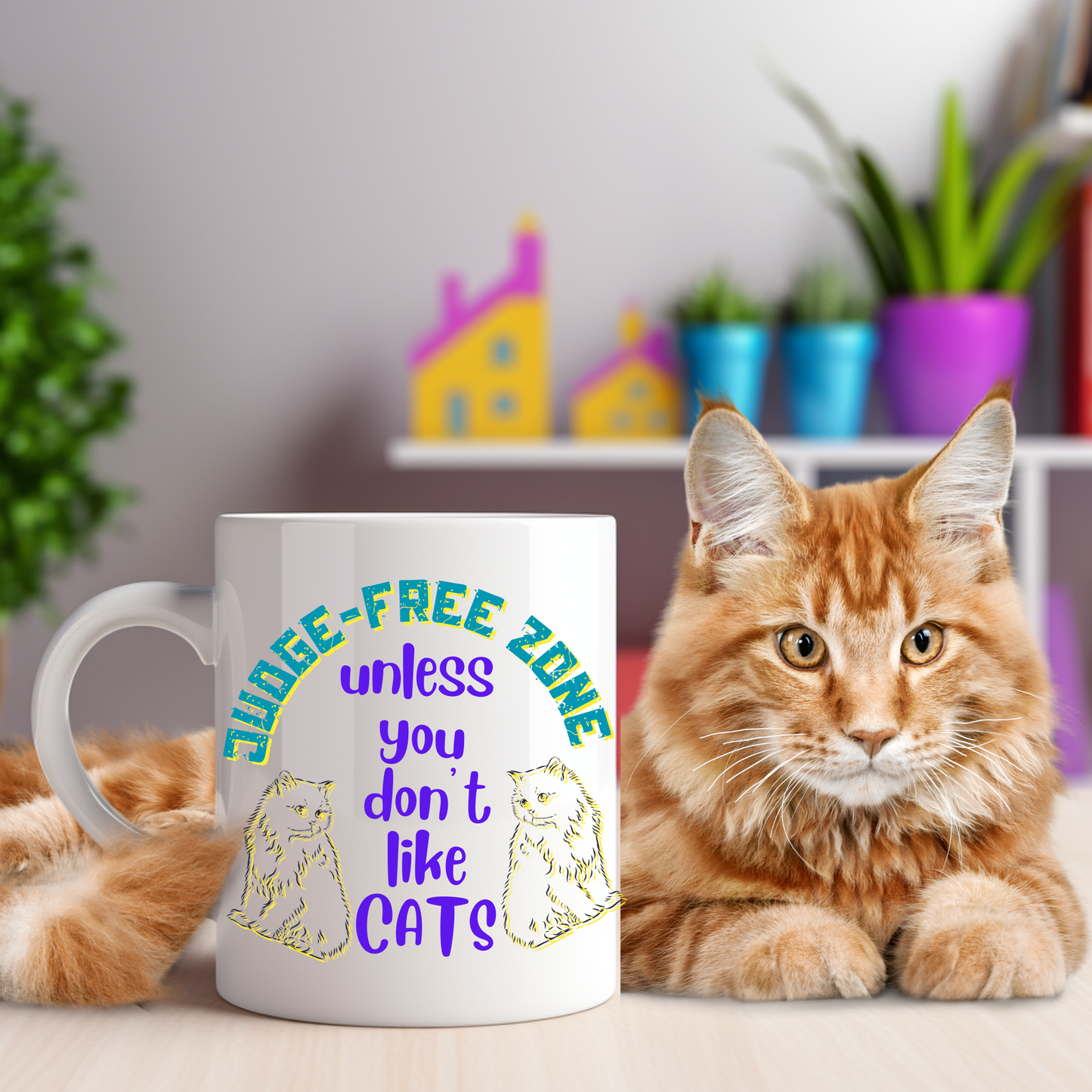 Cat Lover "Judge-Free Zone" Mug For Moms Who TRY Not To Judge Folks Who Aren't Feline Fanatics, Holiday Birthday CatLady Gift, White Ceramic, 15oz