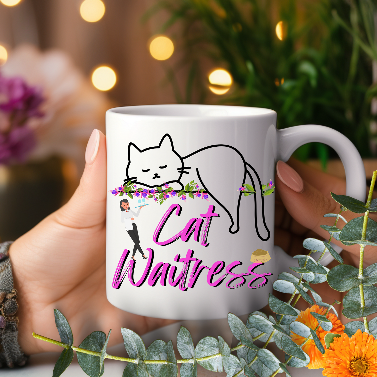Feminine And Fun "Cat Waitress" CatMom Mug With Floral Design And Hot Pink Text, Great Christmas Or Birthday Cat Lover Gift, White Ceramic, 15oz